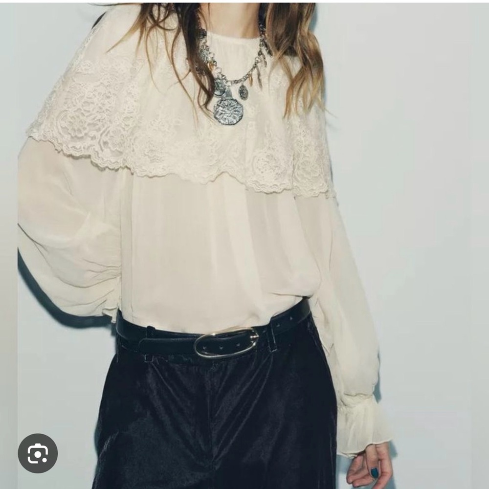 New Zara Romantic Cape Blouse Sz M Lace Chiffon Shirt Top Long Sleeves
